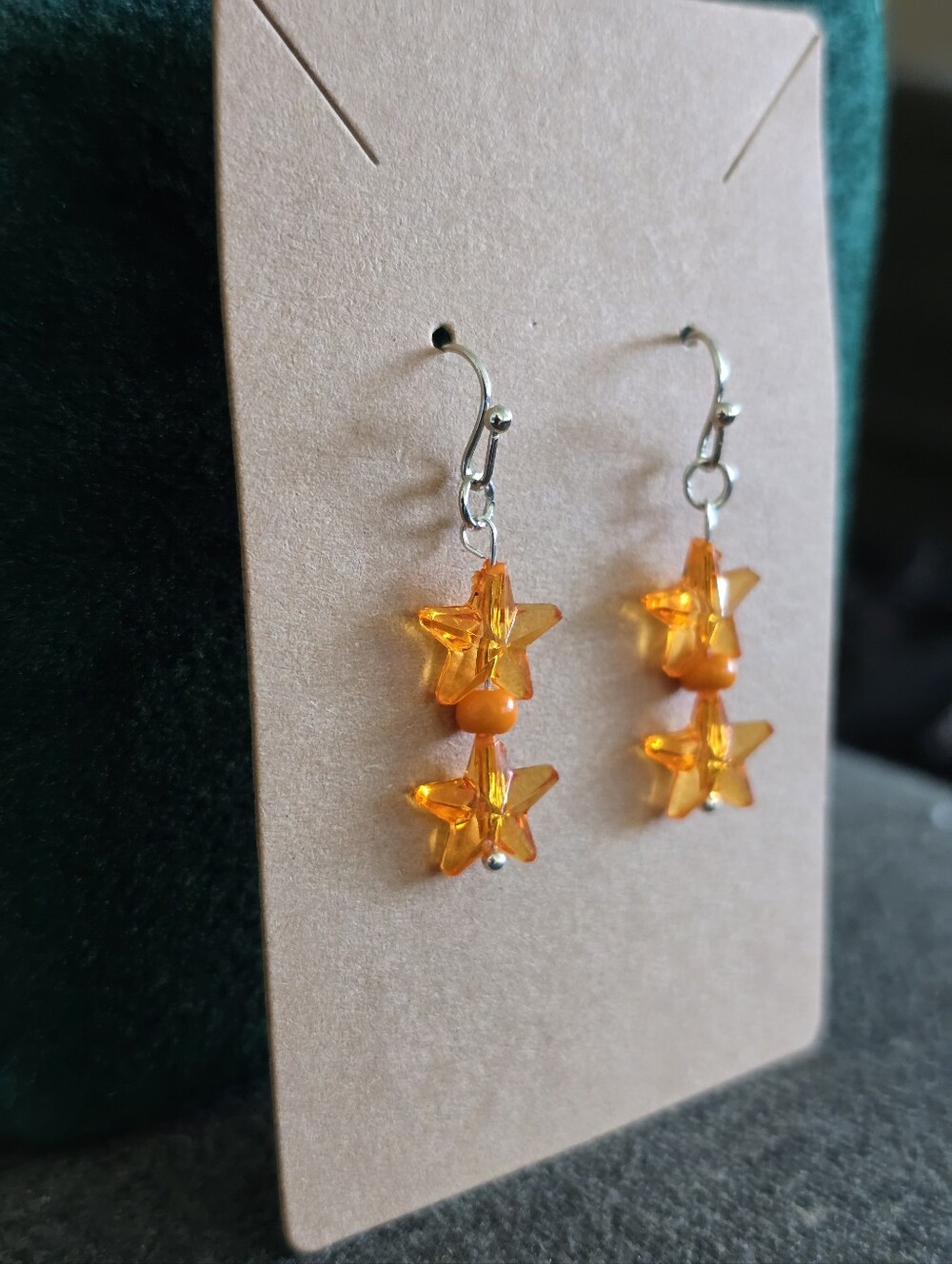 Handmade Orange Star Dangle Earrings with Bead Accent